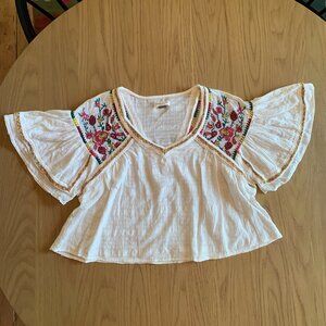 Pilcro Cream Blouse with Floral Embroidery